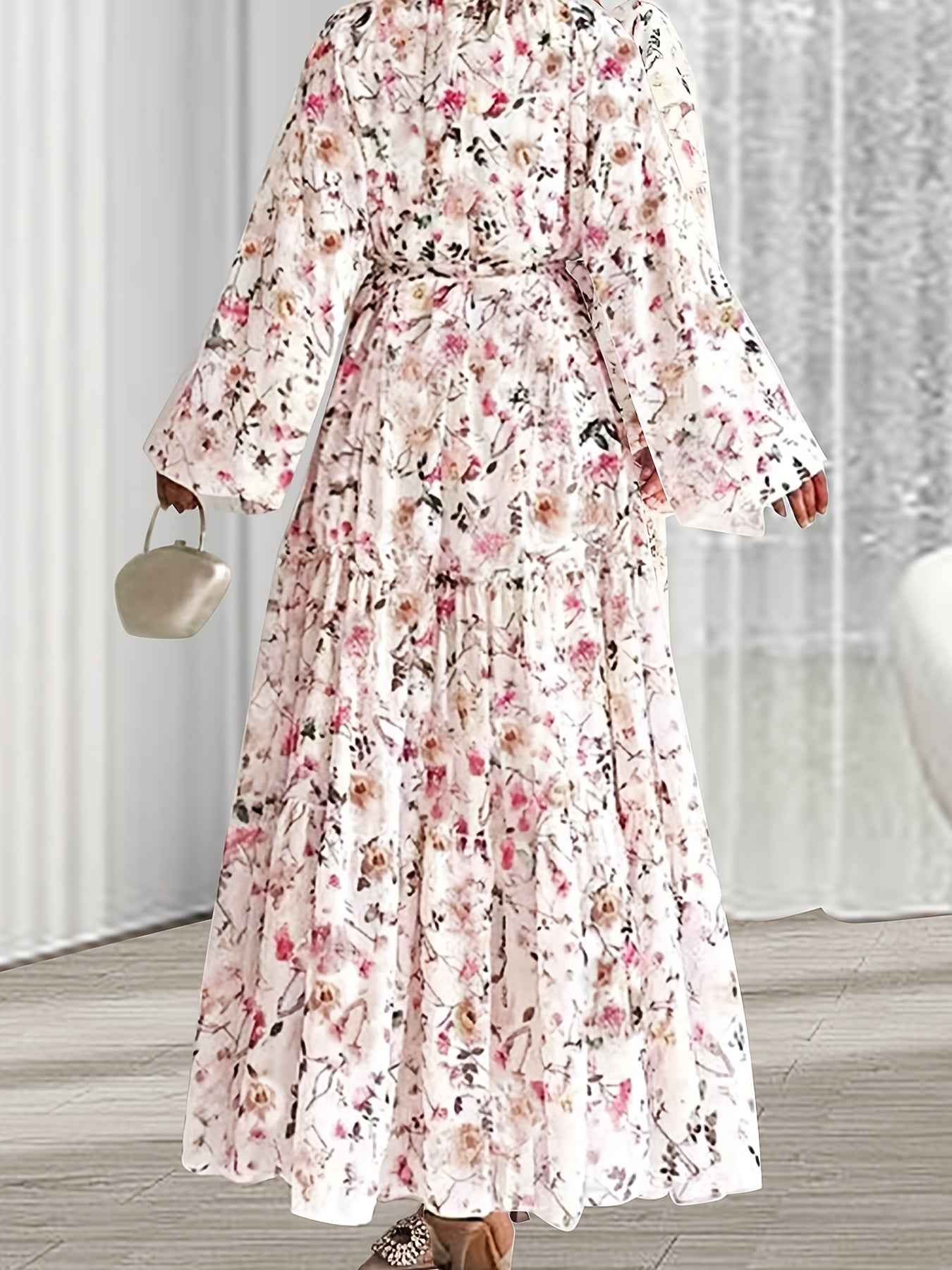 1pc Elegant Floral Print Long Dress with Peplum Hem